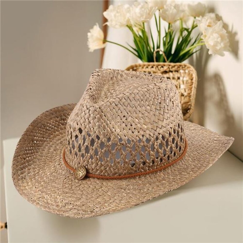 Band Detailed Open Weave Panama Cowboy Straw Hat